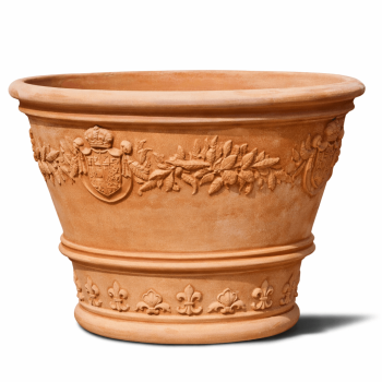 VASO ORNATO – Monumentaler Terracottatopf aus Impruneta mit kunstvollen Wappen und klassischen Ornamenten